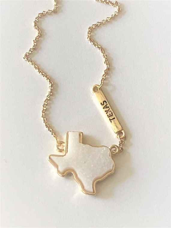 White Druzy Texas State Necklace, Gold Trim, Gold Engraved Texas Bar, Texas State Necklace, TX State Necklace, State Shaped Necklace