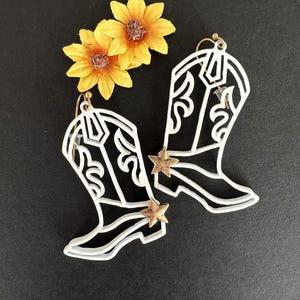 Cowgirl, Boot Earrings, Dangle/White,  Gold Star, Large, Texas Boot Earrings, Texas Earrings, Cowgirl Earrings, Cowgirl Jewelry