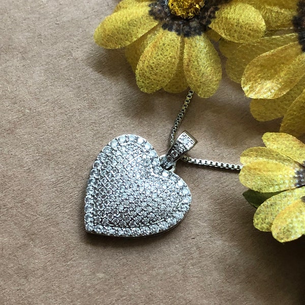 Heart Necklace, Silver Plated, Cubic Zirconia Heart Pendant, CZ Pave Heart Necklace, Pave Heart Pendant, Heart Jewelry, Heart Gifts