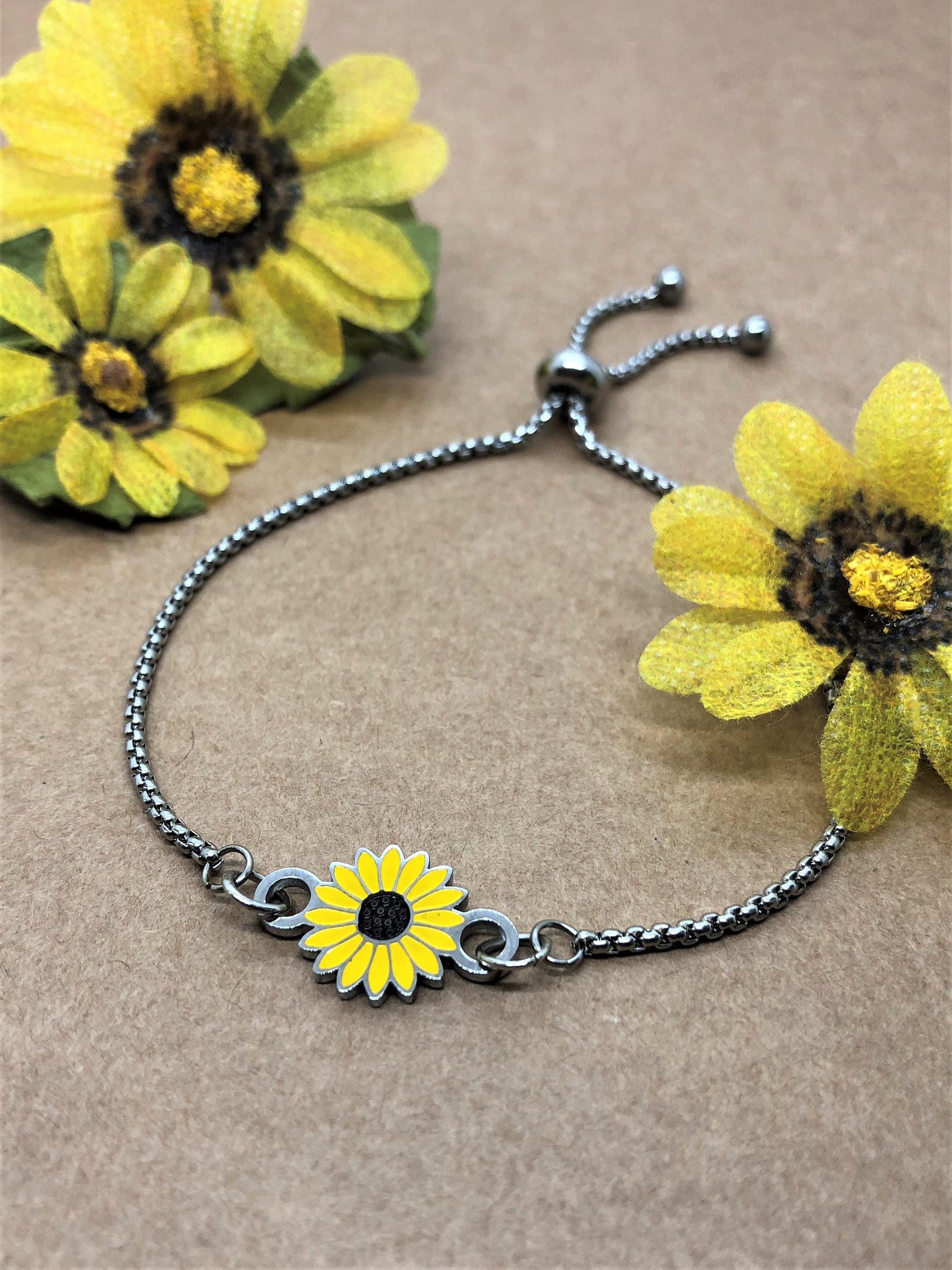Sunflower Charm Bracelet Stainless Steel Adjustable Etsy