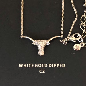 Longhorn Necklace, SILVER, White Gold Dipped Cubic Zirconia, Longhorn Pendant, Texas Jewelry, Bull Necklace, Cowboy Necklace, Texas Necklace
