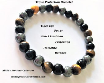 Triple Protection Bracelet, Tiger Eye, Hematite + Black Obsidian Beaded Stretch Bracelet, 6mm + 8mm Natural Healing Stones Anxiety Bracelet