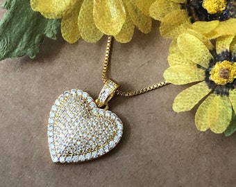 Heart Necklace, Gold Filled, Cubic Zirconia Heart Pendant, CZ Pave Heart Necklace,Pave Heart Pendant, Heart Jewelry, Heart Gifts