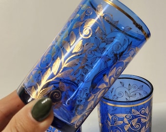 Cobalt Juice Glasses (Set of 3): Gold Floral Mid-Century Kitchenware