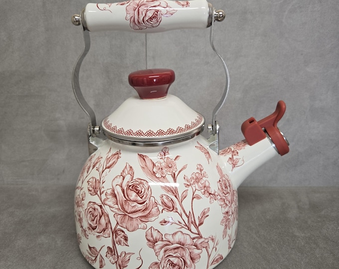 Vintage Style Floral Red Whistling Tea Kettle - Pioneer Woman Agatha