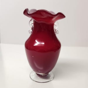 Vintage Scarlet Red Cased Murano Style Glass Vase Featuring Ruffle Top