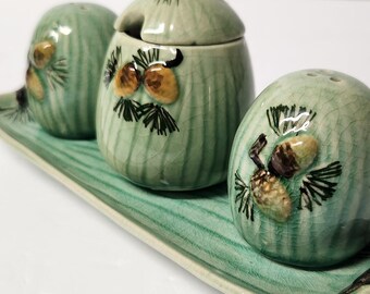 Vintage Pine Cone Salt, Pepper & Jam Set with Tray