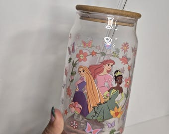 Glazen Disney Princess beker met bamboe deksel en glazen rietje