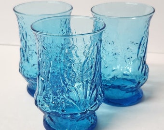 1970's Set of 3 Anchor Hocking Rainflower Electric Blue Juice Glasses Tumblers