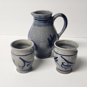 Set Pitcher Stoneware water or wine 2 cups Alsace France Saltglazed Pottery, French Country Blue cobalt Antique Grey Ceramic Stoneware