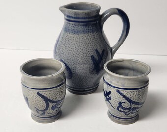 Alsace France Stoneware Pitcher Set: Salt Glazed Pottery, French Country Cobalt Blue