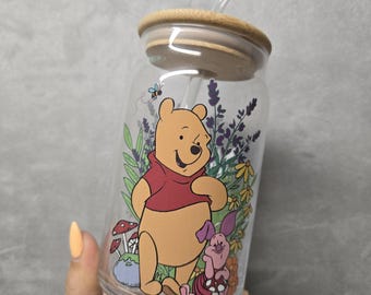 Winnie the Pooh Glass Can, Iced Coffee Cup w/ Lid & Straw