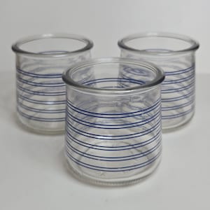 May include: Three clear glass jars with a rounded shape. Each jar is decorated with horizontal blue stripes. The jars are empty and have a simple, minimalist design, suitable for various uses.