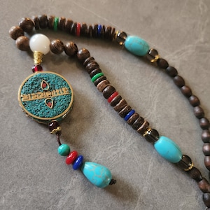 Unisex Tibetan Turquoise chips Necklace, 34 in Wood Beads Chain