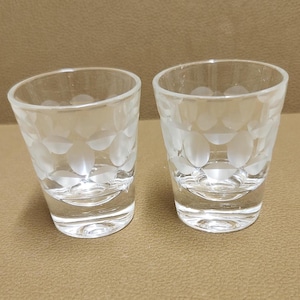 May include: Two clear glass shot glasses with a frosted design of overlapping circles.
