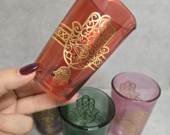 Set of 4 Moroccan Tea Multicolor Glasses with Hamsa Hand in Gold