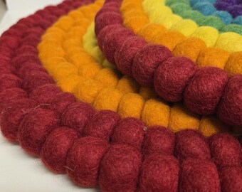 Rainbow Felt Ball Trivet • Handcrafted Wool Round Felt Hot Pad Mat • Colorful Boho Kitchen Decor • Table Protector - Size M and L