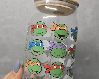 Teenage Mutant Ninja Turtles Glass Tumbler with Bamboo Lid & Straw, Iced Coffee Cup
