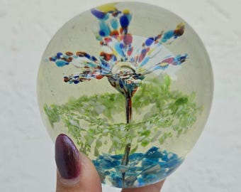 Vintage Glass Paperweight unique flower in a basket Controlled Bubbles Bullicante