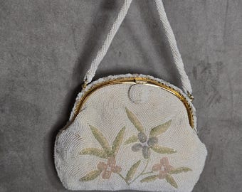 Vintage Made in Japan Beaded Floral Purse – White Seed Bead Evening Bag – Bridal Handbag with Strap – Retro Wedding Clutch