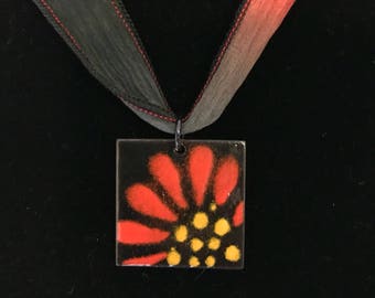 Handmade enameled copper pendant with optional silk ribbon necklace