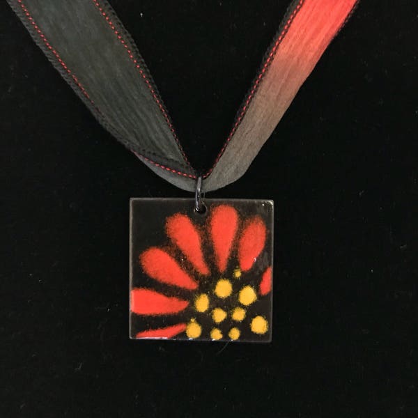 Handmade enameled copper pendant with optional silk ribbon necklace