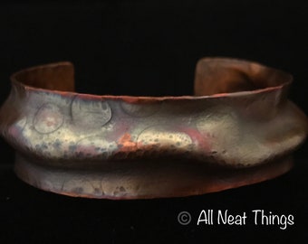 Unique crushed copper bracelet cuff with texturing and patina
