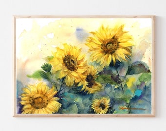 Sonnenblumen Aquarell Malerei Fine Art Print, Blumenwand Kunst von Original Blumen Malerei, Botanische Fine Art Print, Wohnzimmer Dekor