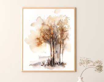 Pintura de acuarela de árboles abstractos: Impresión artística de bosque neutro