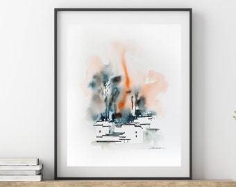 Abstract Landscape Painting Fine Art Print, Watercolor Forest Painting, Abstract Trees art Print, Orange Grey Wall Art #1, Giclée Print