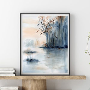 Landscape Watercolor Painting Fine Art Print, Neutral Wall Art From Original Abstract Lake Painting, Abstract Landscape Wall Art