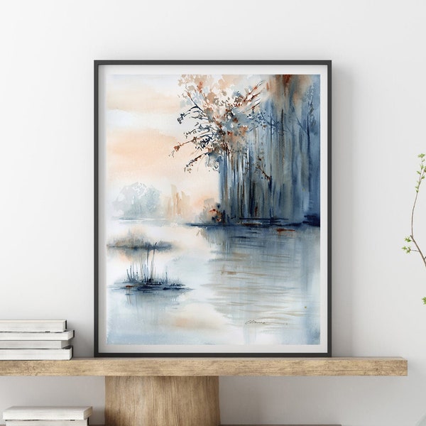 Abstrakter See Aquarell Malerei: Neutrale Landschaft Kunstdruck