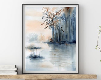 Landscape Watercolor Painting Fine Art Print, Neutral Wall Art From Original Abstract Lake Painting, Abstract Landscape Wall Art