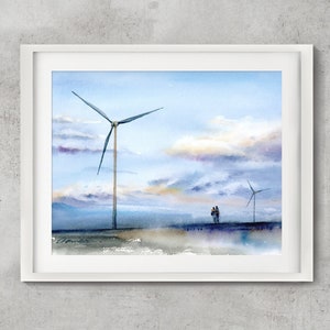 Windmill Landscape Fine Art Print, Sky Watercolor Painting, Lovers Painting, Couple Walking At The Sunrise