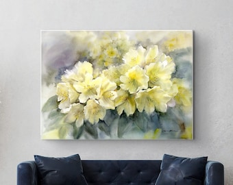 Blumen Wandbild Blumen Aquarell Malerei Leinwand Kunstdruck vom Original Gemälde, Botanische Kunst, Gelb Druck, Wohnzimmer Dekor