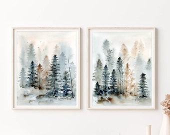 Pine Tree Watercolor Art Print Set: Forest Nature Wall Decor