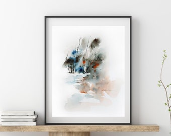 Abstract Forest Watercolor Painting: Orange Grey Landscape Art Print
