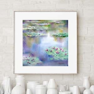 Monet&#39;s Water Lilies Art Print: Watercolor Flowers, Botanical Wall Decor