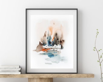 Abstract Landscape Painting Fine Art Print, Watercolor Forest Painting, Abstract Trees art Print, Orange Grey Wall Art #2, Giclée Print