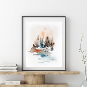 Impression d'art peinture paysage abstrait, peinture aquarelle forêt, impression d'art arbres abstraits, art mural orange gris 2, impression giclée image 1