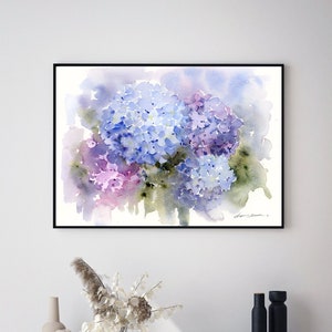 Hydrangea Watercolor Painting Fine Art Print From Original Flower Painting, Botanical Canvas Wall Art For Living Room Decor, Blue Wall Art