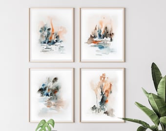 Abstract Landscape Watercolor Art Prints: Burnt Orange Gallery Wall Set