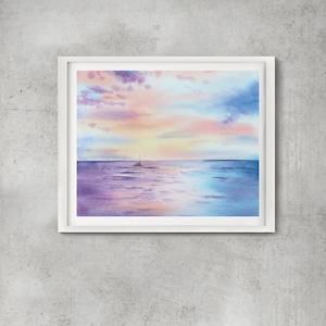 Watercolor Sky Painting Art Print: Dreamy Sunrise Seascape, Giclée