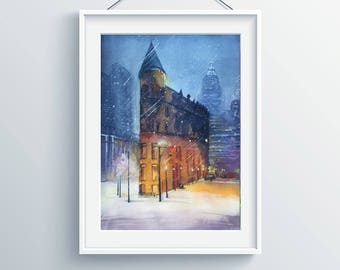 Cityscape Painting Fine Art Print, Toronto Street Watercolor Painting, Night City Wall Art, Giclée Print, Landscape Art Print,