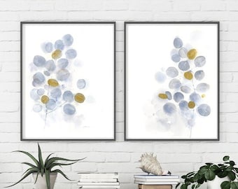 Eucalyptus Watercolor Art Print Set: Gold & Grey Botanical Giclée