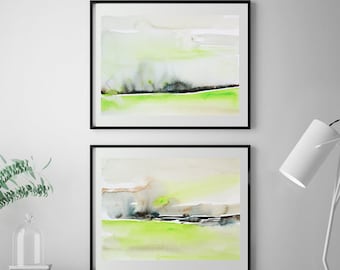 Abstract Painting Gallery Wall Set of 2 Art Prints, Landscape Watercolor Painting, Giclée Fine Art Prints, Green Grey Art Prints