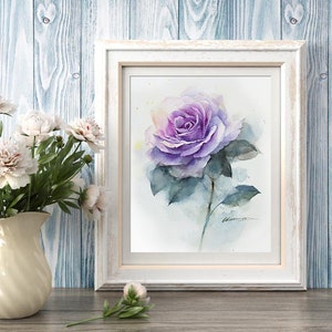 Purple Rose Fine Art Print, Flower Watercolor Painting, Rose Wall Art, Botanical Giclée Art Print