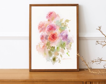 Stampa artistica di rose astratte da un dipinto floreale ad acquerello originale, arte murale botanica