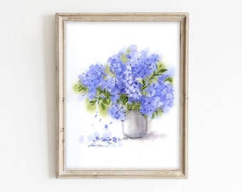 Impresión artística de flores azules de una acuarela botánica original, arte mural floral.