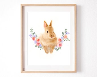 Impresión de conejito en acuarela: pintura floral de conejo, arte de pared para habitación infantil